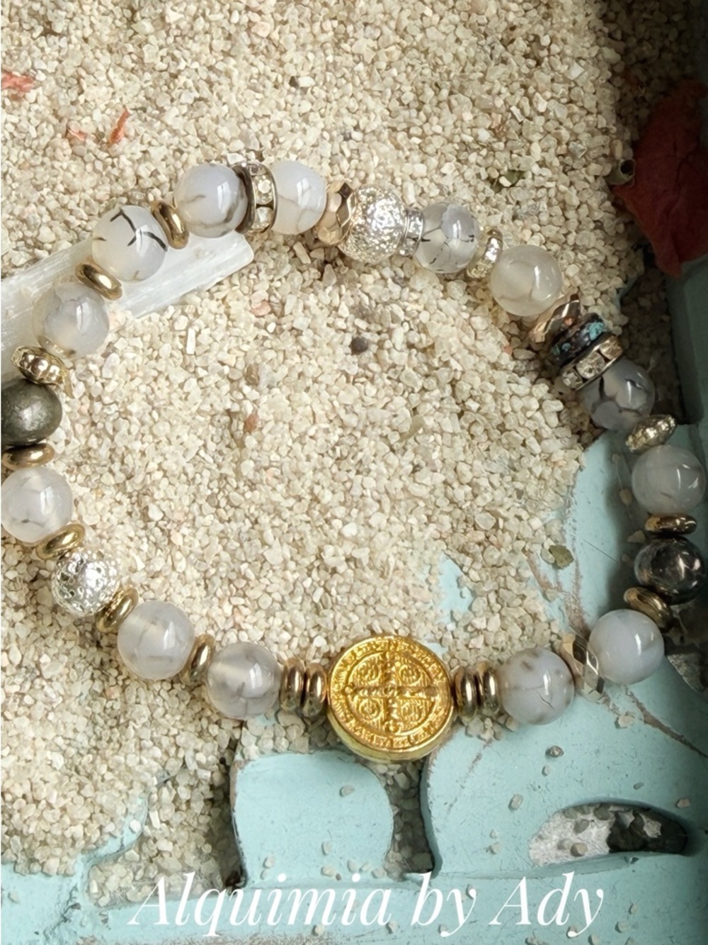 SAINT BENEDICT White RUTILE and Gold Accent Stretch Bracelet